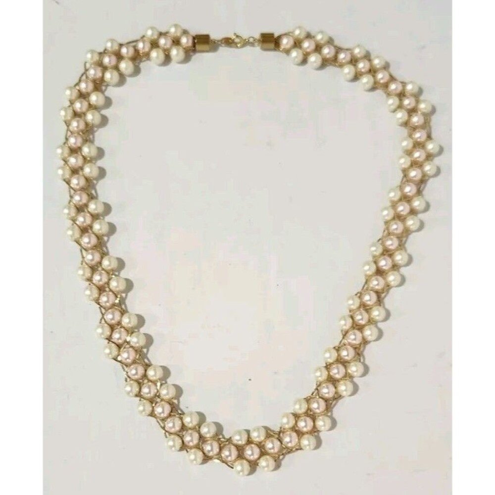 Trifari 24" Gold-Tone Triple-Strand Faux Pearl Braided Necklace (Pink & White)